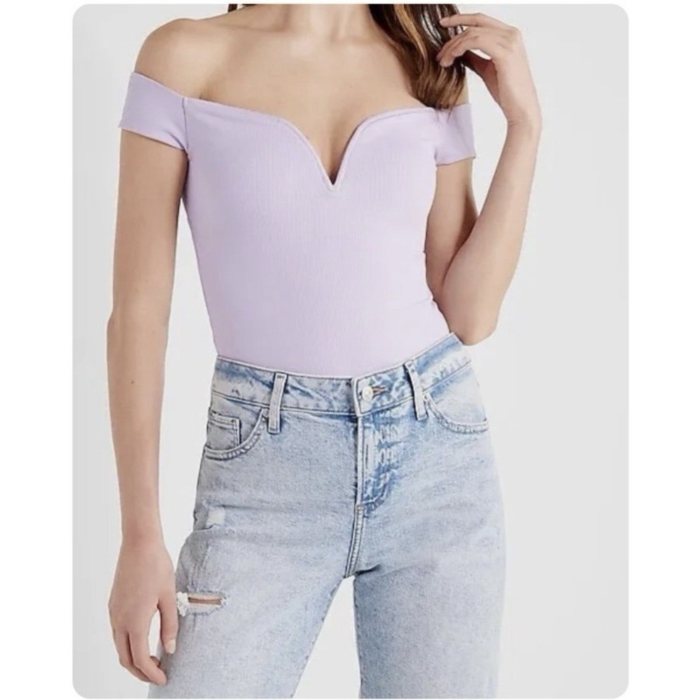 Express Women's Body Contour‎ Off The Shoulder Thong Bodysuit Sz M  Purple